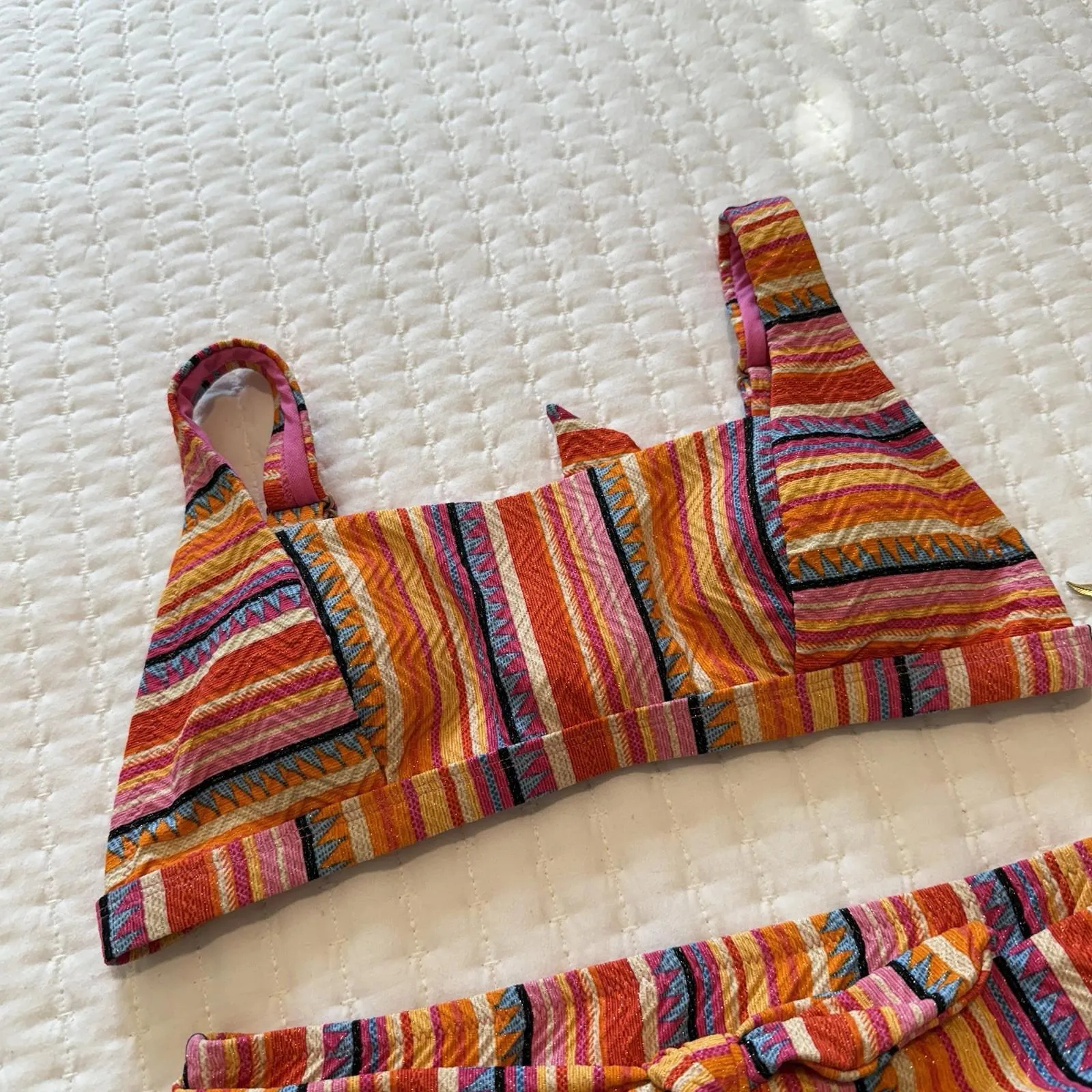 Jessica Simpson Multi Color Femme Stripe Hi Waist Bikini Bottom & Top Set Small - Image 10