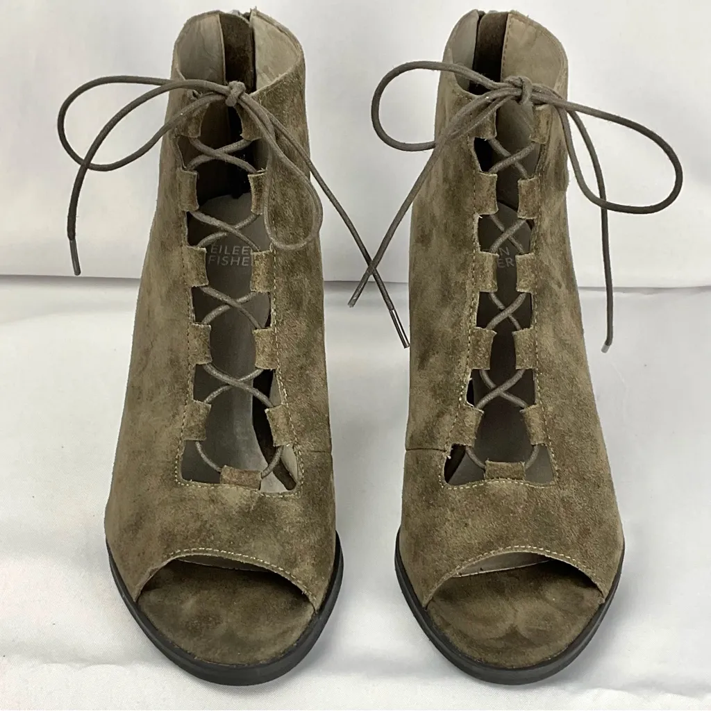 Eileen Fisher Slew Suede Booties Sz 9 Open Toe Lace Up - Image 9