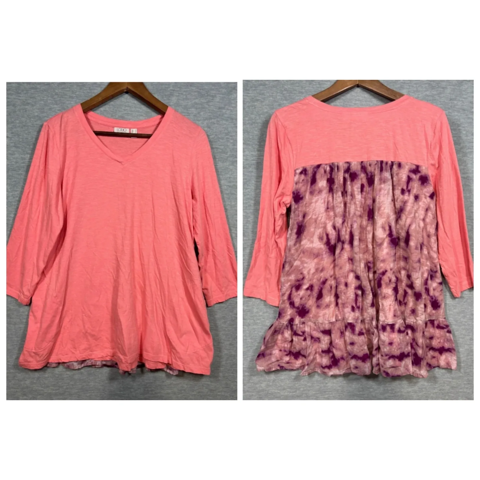 LOGO Lori Goldstein Coral Top Womens M 3/4 Sleeve Tie Dye Ruffle Back - Image 2