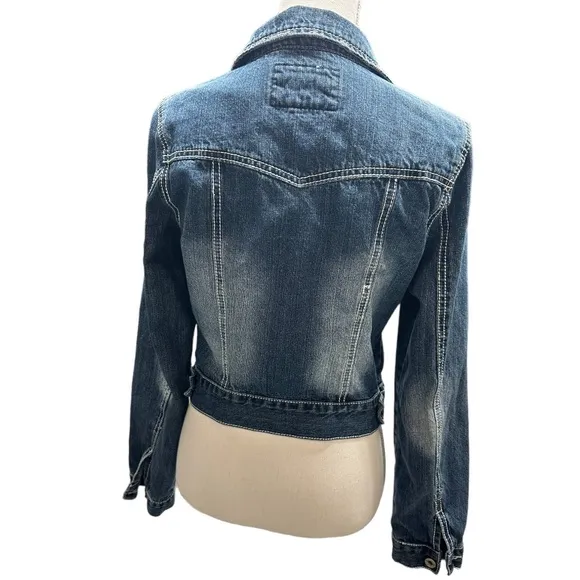 Vanity Distressed White Top‎ Stitch Blue Jeans Jacket Size M Size M - Image 3
