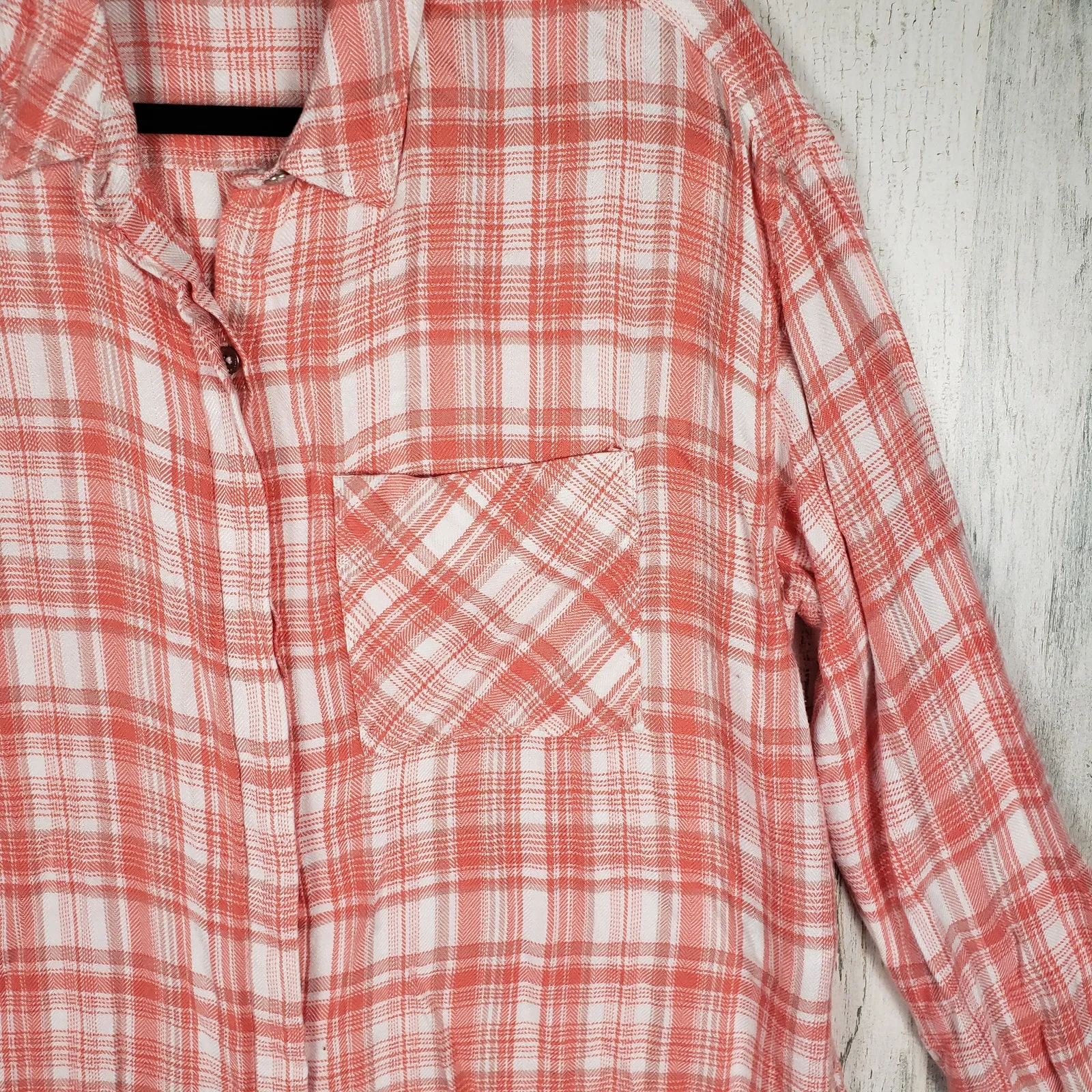 Calvin Klein Jeans Coral Orange Plaid Long Sleeve Button Down Shirt Size Large - Image 3