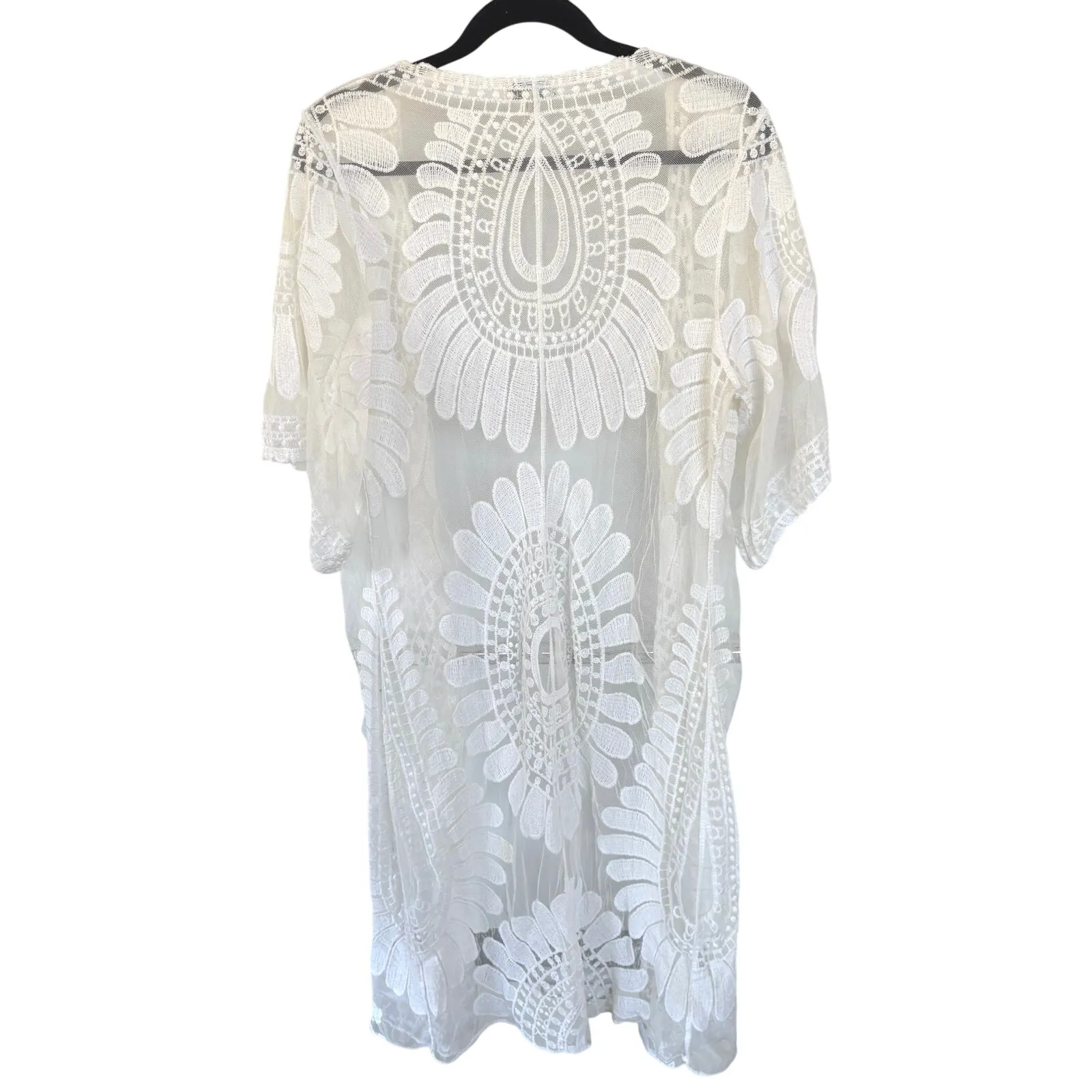 Bohemian Long Embroidered Lace Kimono Cover-Up White Sheer Beach Vacation Medium - Image 2