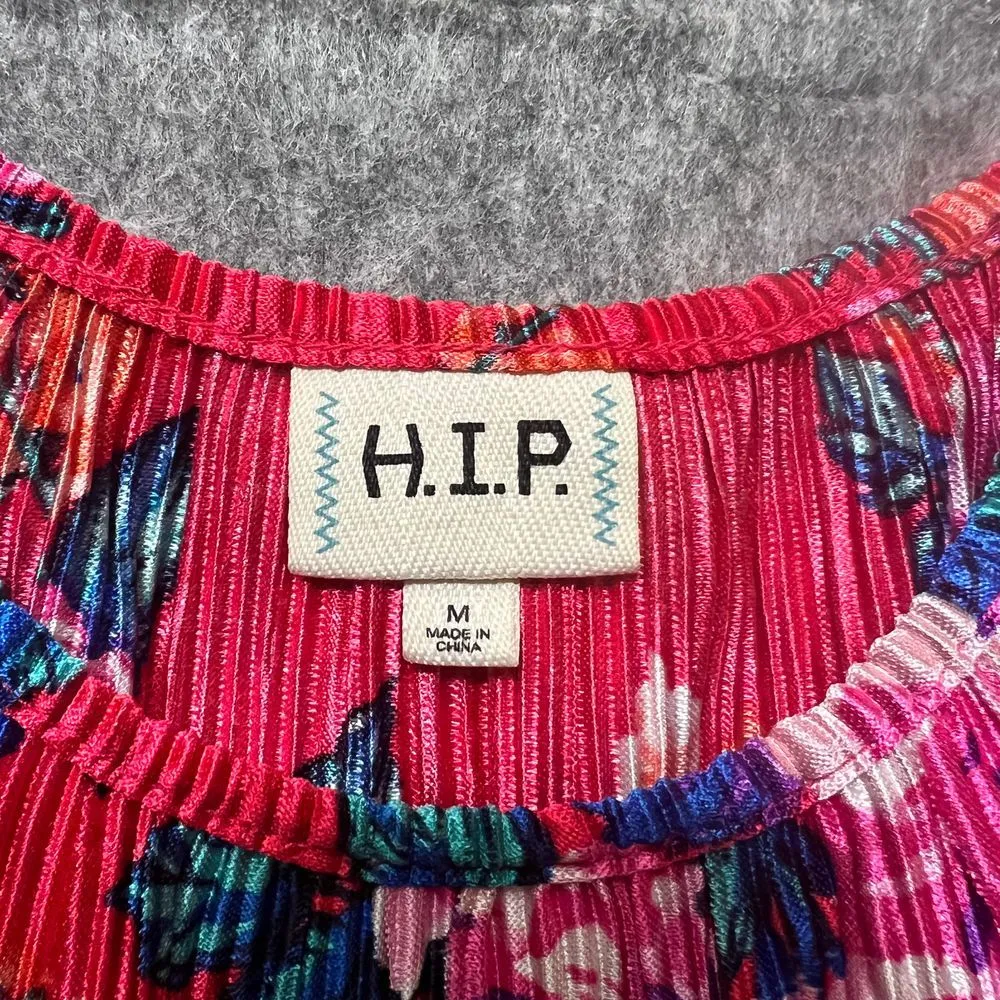 H.I.P. Floral Cold Shoulder Top Pleated Accordion Red Pink Summer Blouse Size‎ M - Image 5