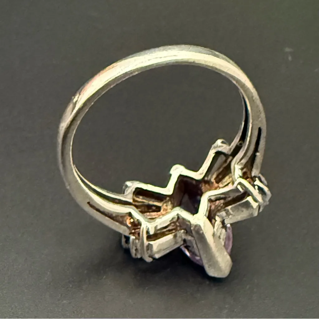 Vintage 925 Sterling Silver Marquise Amethyst Ballerina Bow Baguette Ring Size 8 Purple - Image 4
