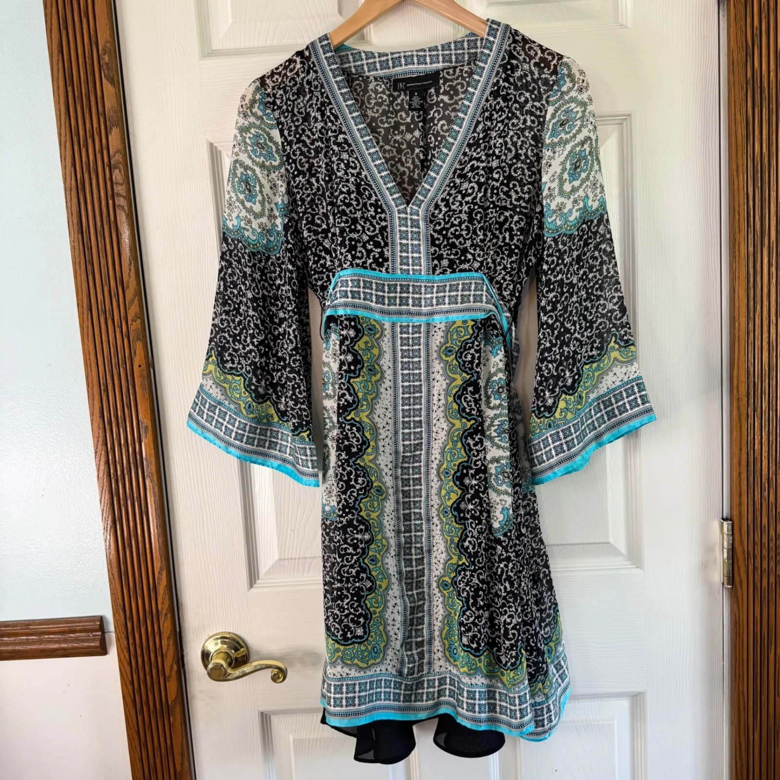 INC International‎ Concepts Kimono Dress Paisley Print Sheer Bell Sleeve 6 Black - Image 7