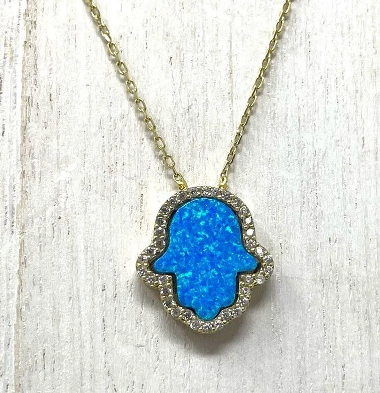 Gold tone sterling silver, boulder opal* and crystals Hamsa pendant necklace - Image 4