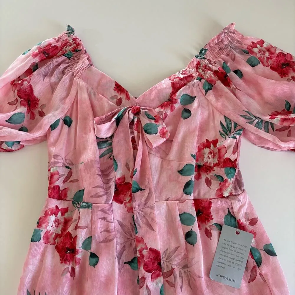 NSR Women’s Pink Tropical Floral Print Tie Front Mini Dress Size Medium NWT - Image 2