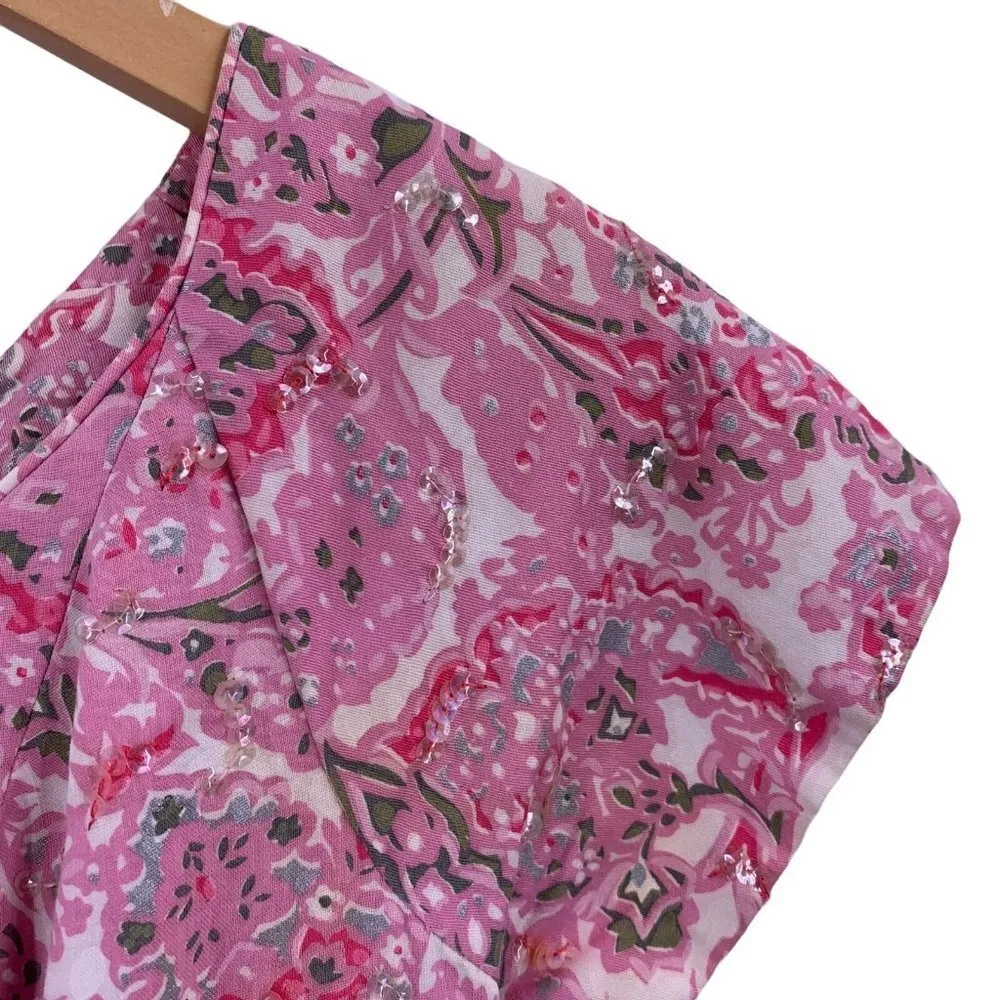 Vintage 50's SEMONT New York Pink Floral Cotton Sequin Dress Size Small - Image 3