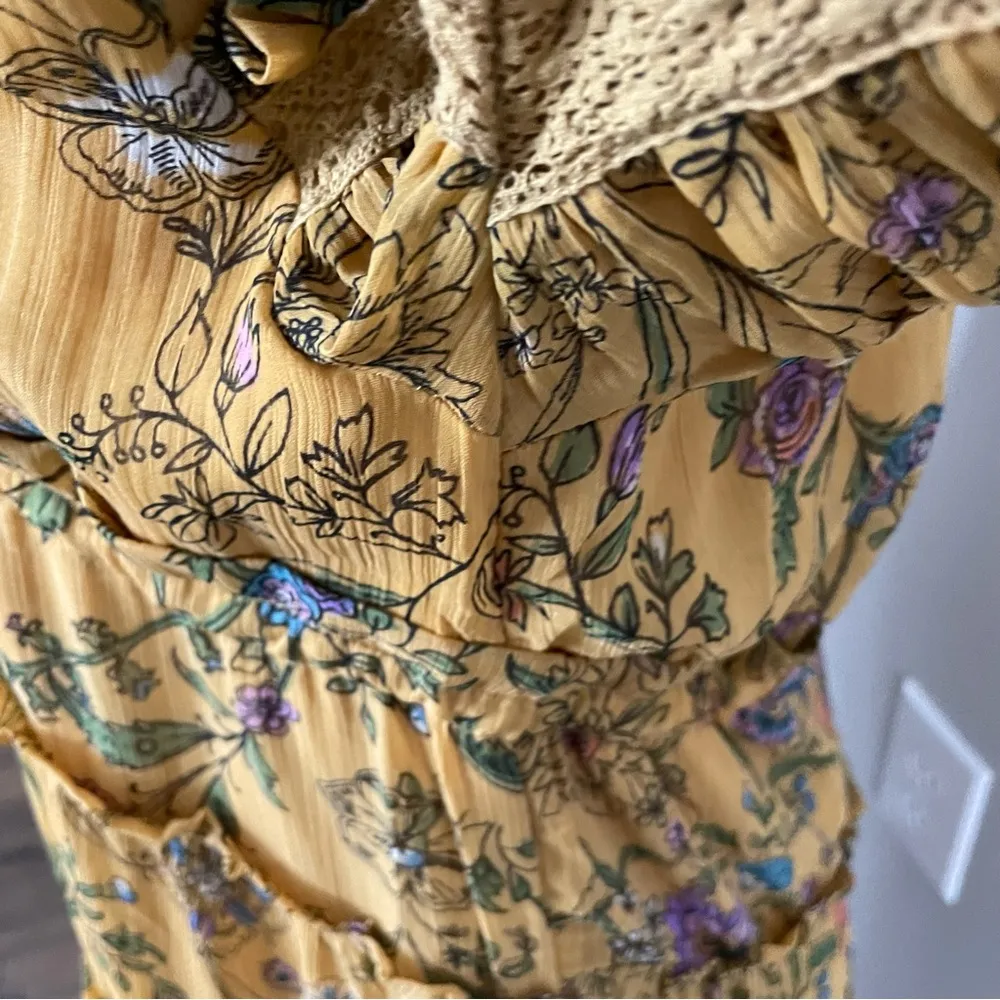 Free People Dress Cassis Midi Maxi Floral Lace Tiered Lined Boho Mustard Yellow - Image 6