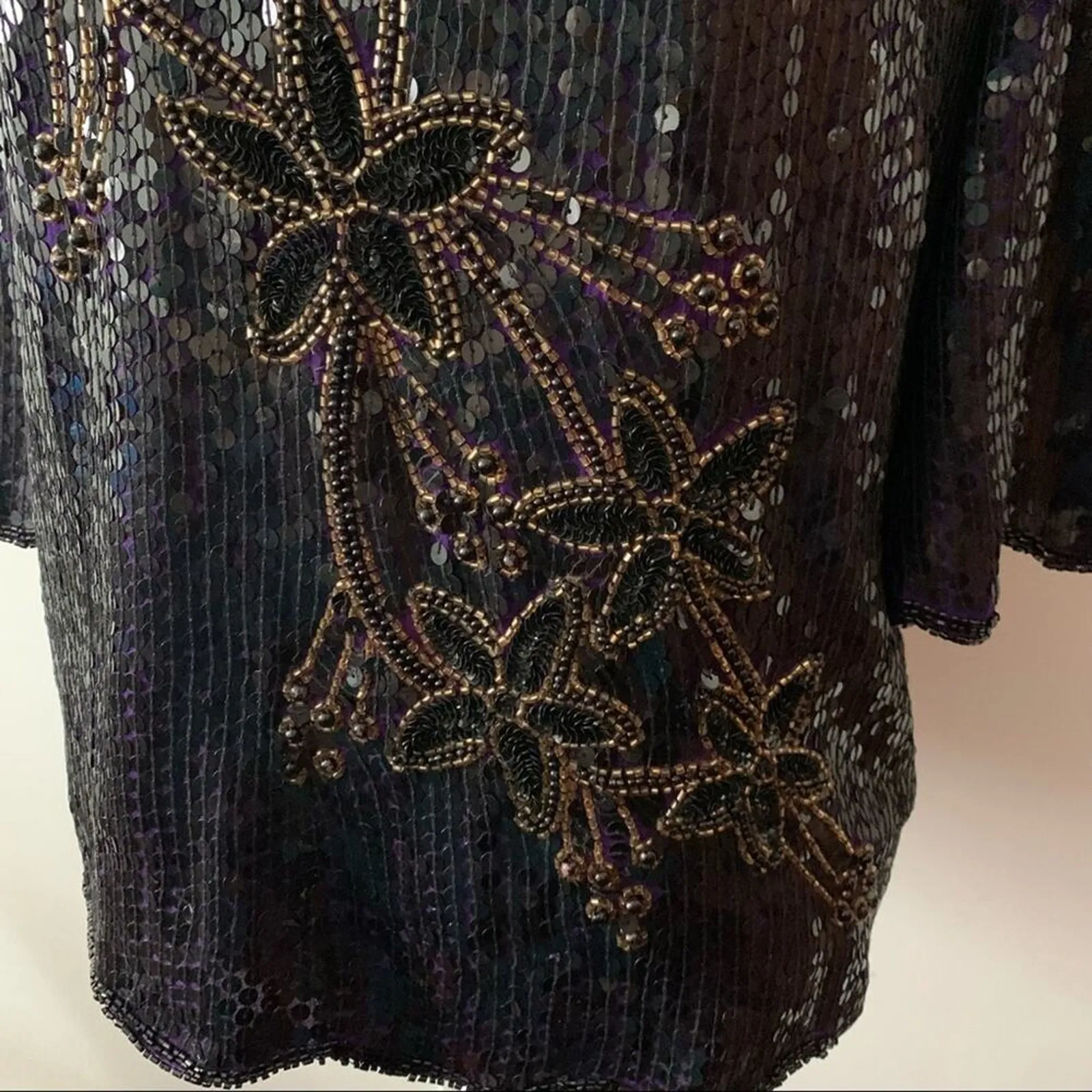 Vintage Scala Silk Top Black Purple Beaded Sequins - Image 4