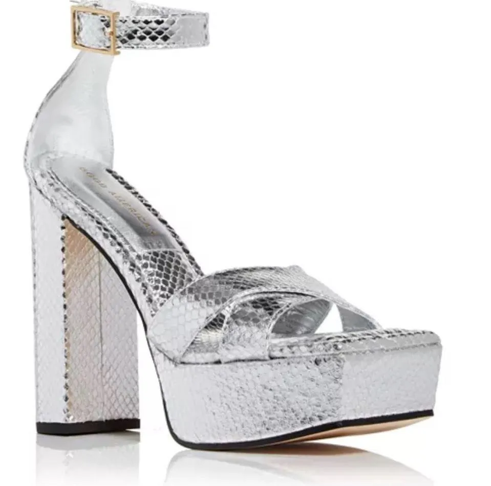 Good American Snake Embossed Platform High Block Heel Sandals in Silver 6.5 NEW - Image 14