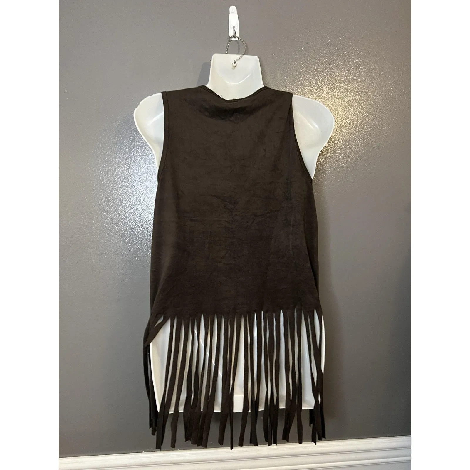 Marianne Fringe Tank Top Womens Medium Brown Boho Festival Suede Look Sleeveless - Image 4