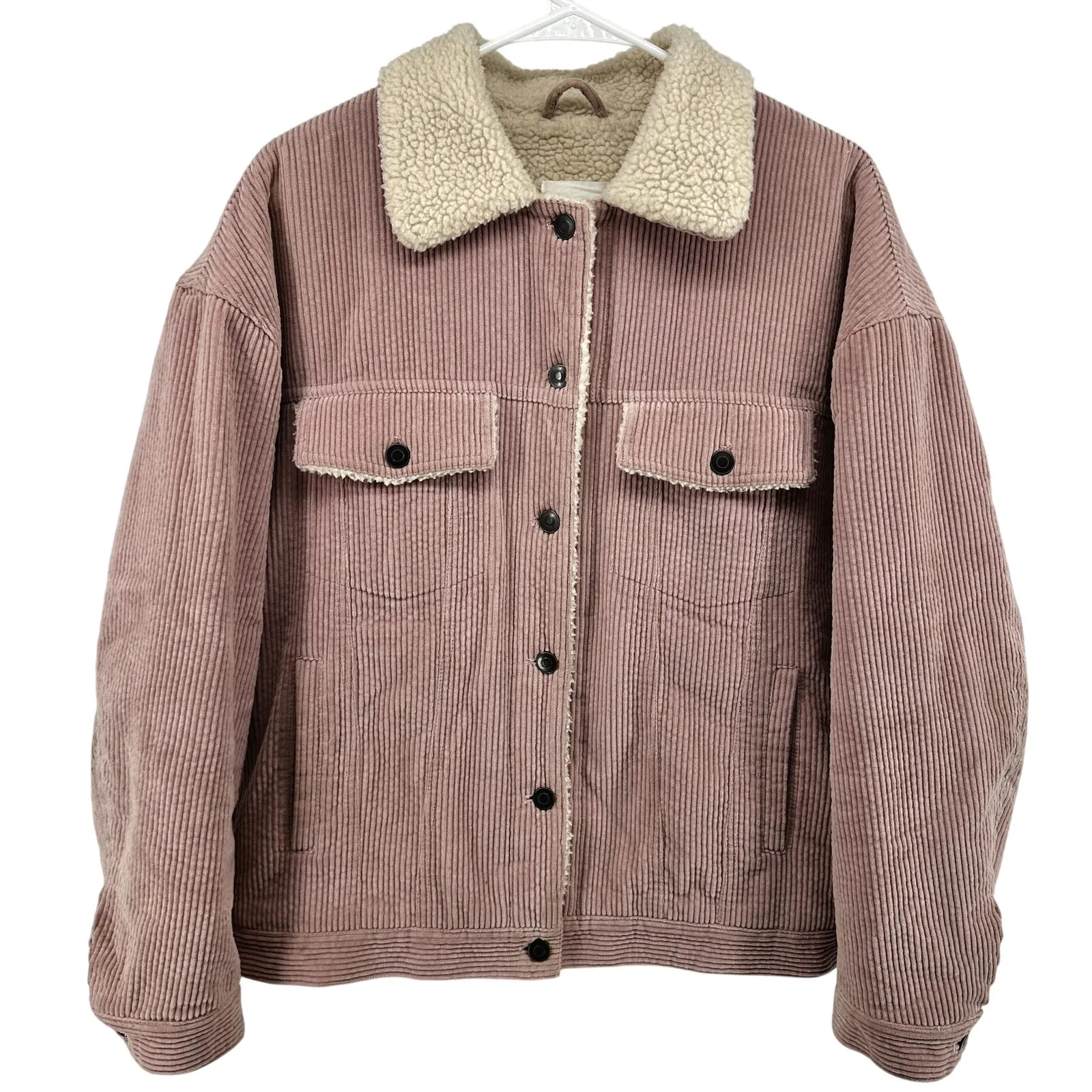 Avec Les Filles Corduroy Trucker Jacket Button Down Faux Sherpa Lined Pink M - Image 2
