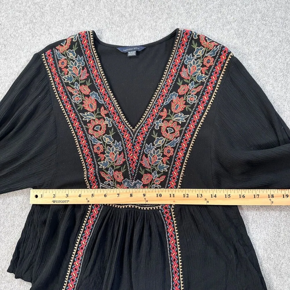 American Eagle Peasant V-Neck Top Embroidered Women XS Black Gauzy Ballon Sleeve - Image 4