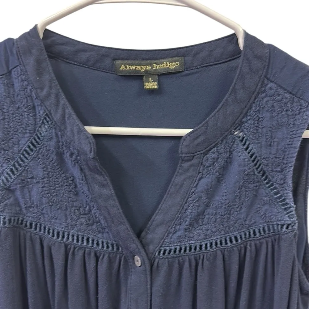 Always Indigo Navy Embroidery and Lattice Yoke Half Button Up Sleeveless Top L Blue Size L - Image 5
