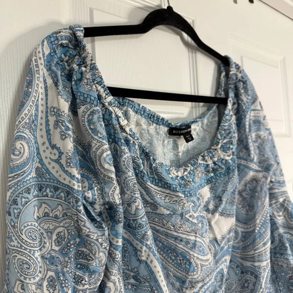Boston Proper Blue Paisley Off The Shoulder Blouse L - Image 2