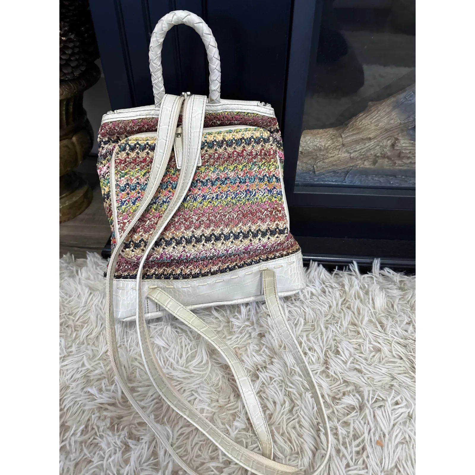 Crazy Horse Woven Crochet Backpack Cream Faux Croc Trim Top Handle Zip Front White - Image 4