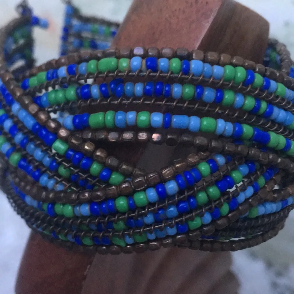 Bohemian Wire Cuff Braided Multicolor Seed Bead Bracelet Green - Image 5
