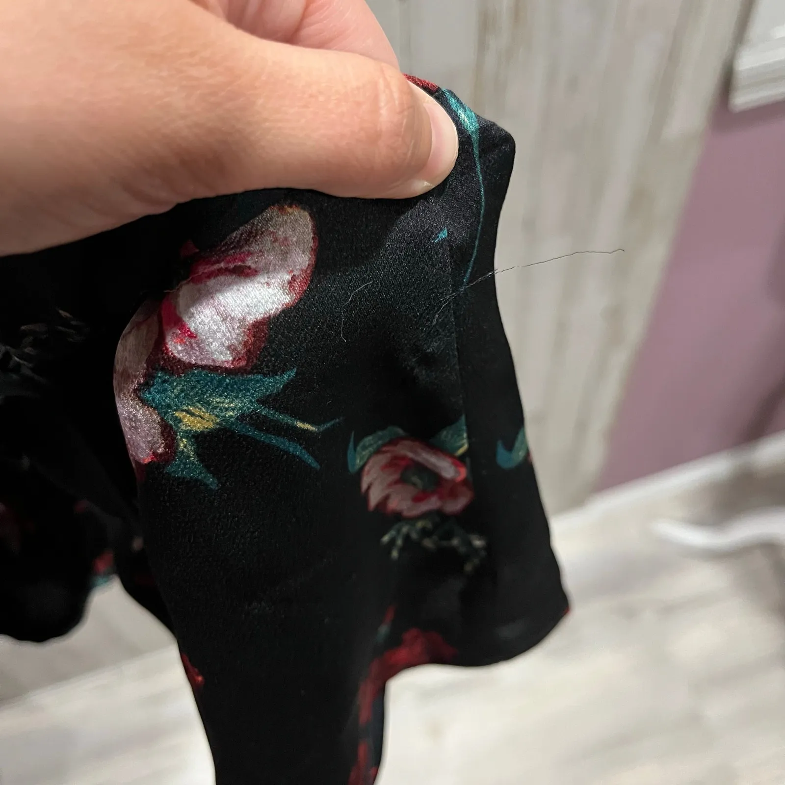 Express Black Rose Red Floral Peplum Tie Back Dark Floral Top Goth Whimsy Small - Image 6