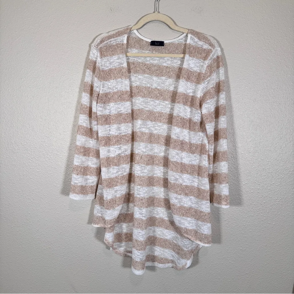 Kii Tan White Gold Metallic Striped Chunky Knit Cardigan Sweater Womens L Beachy Size L - Image 6