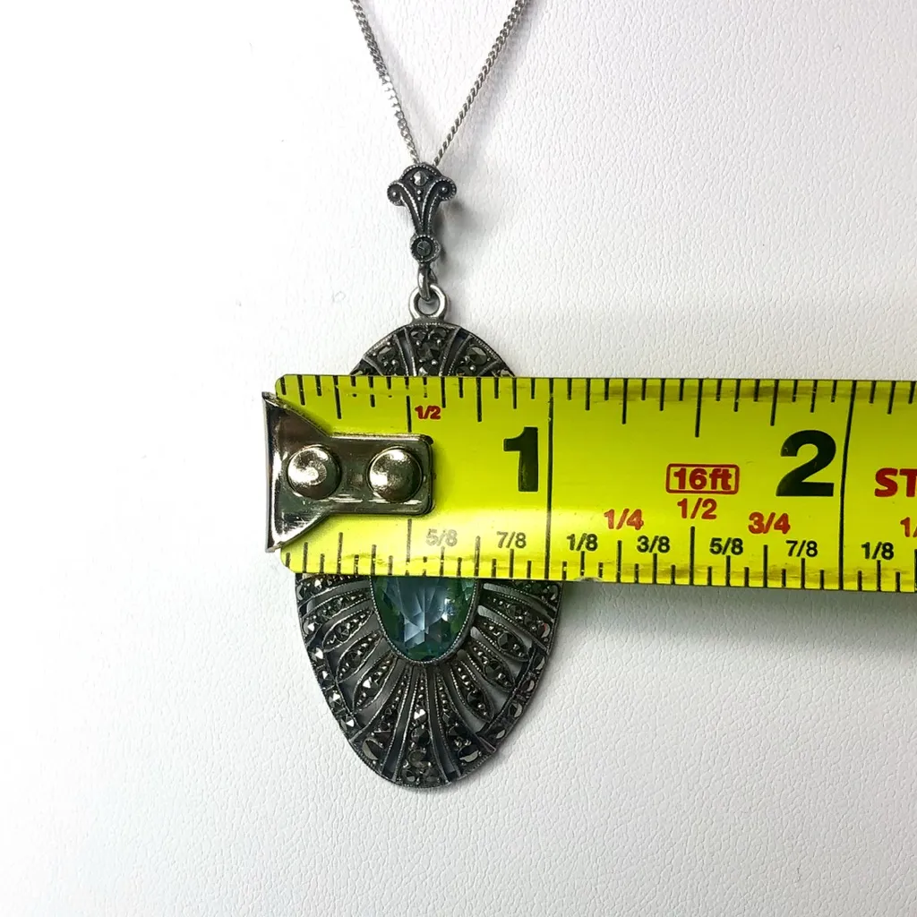 Sterling Silver Necklace with Faceted Blue Topaz and Marcasite Oval Pendant - Image 9