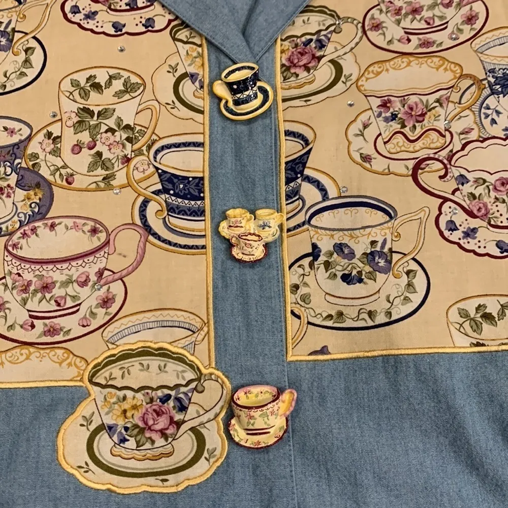 Vintage Quacker Factory tea cup cotton chambray denim novelty shirt S - Image 5