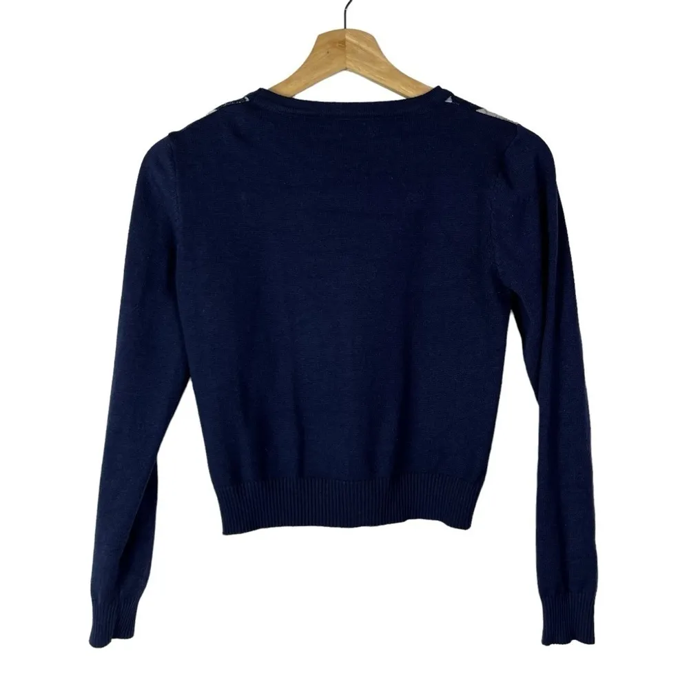 Boutique Navy Blue Argyle Diamond Button Down Cropped Cardigan Sweater XS - Image 2