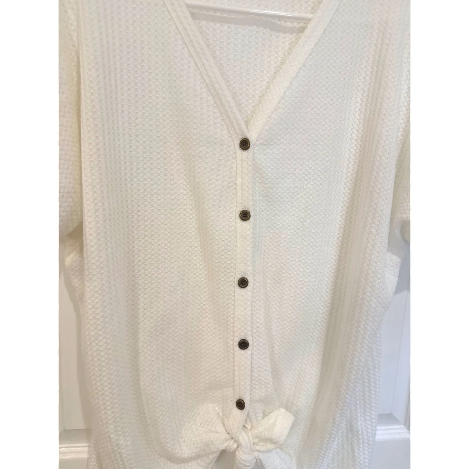 Miholl Women's Cream Waffle Knit Button Tie Front Top Short Sleeve White Size M - Image 2