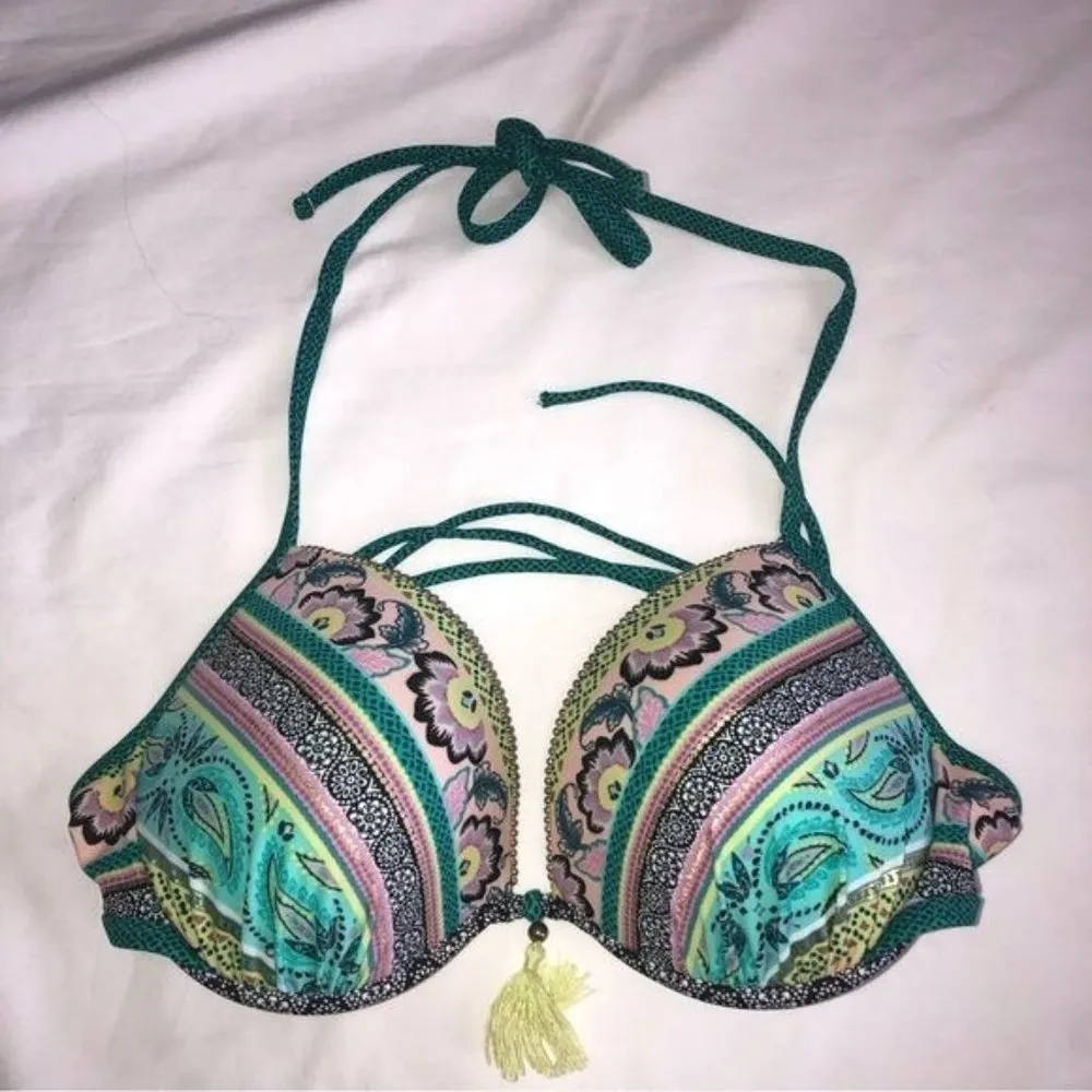Shade & Shore Swim Bikini Top Size 34DD Blue Green Print Tassel Gold Beading - Image 2