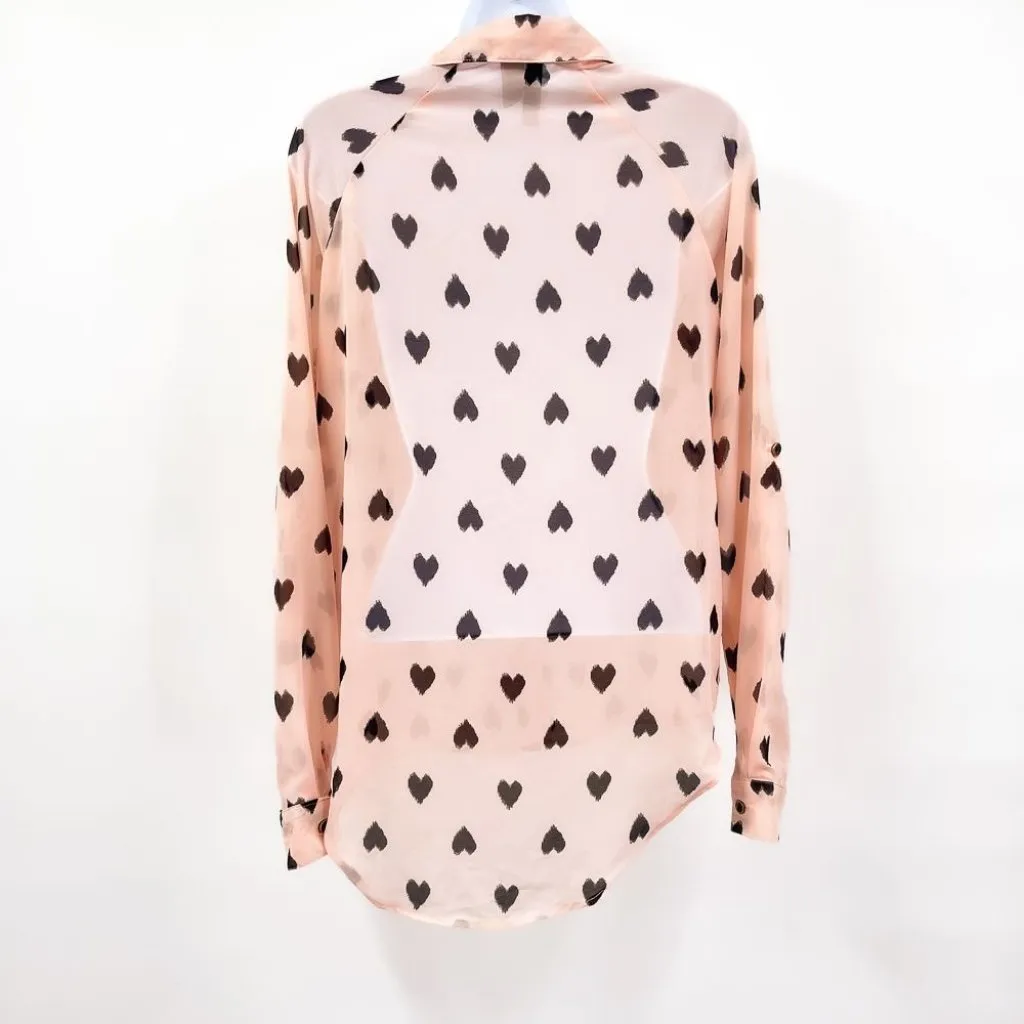 Heart Print Chiffon Long Sleeve High Low Collared Button Up Shirt Top Blouse - Image 2