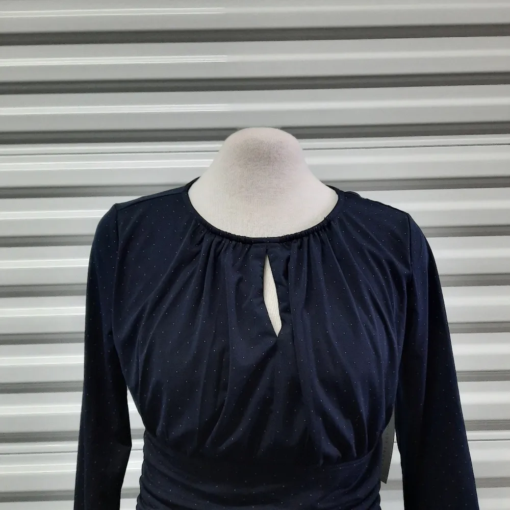 Larry Levine Top Blouse Women's Small Blue Polka Dot Ruched Pullover Casual - Image 2