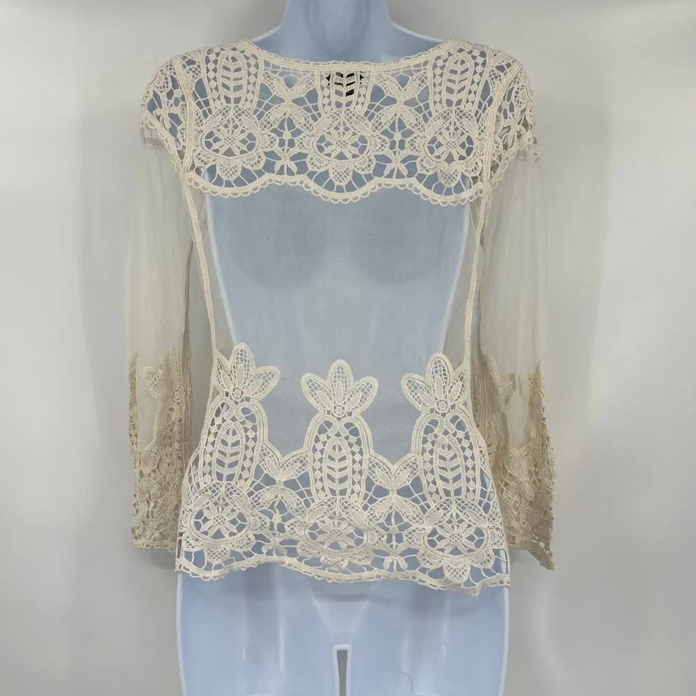 Express Crochet Micro Mesh Womens Top Sz XS Cream Festival Dainty Boho Cottage - Image 6