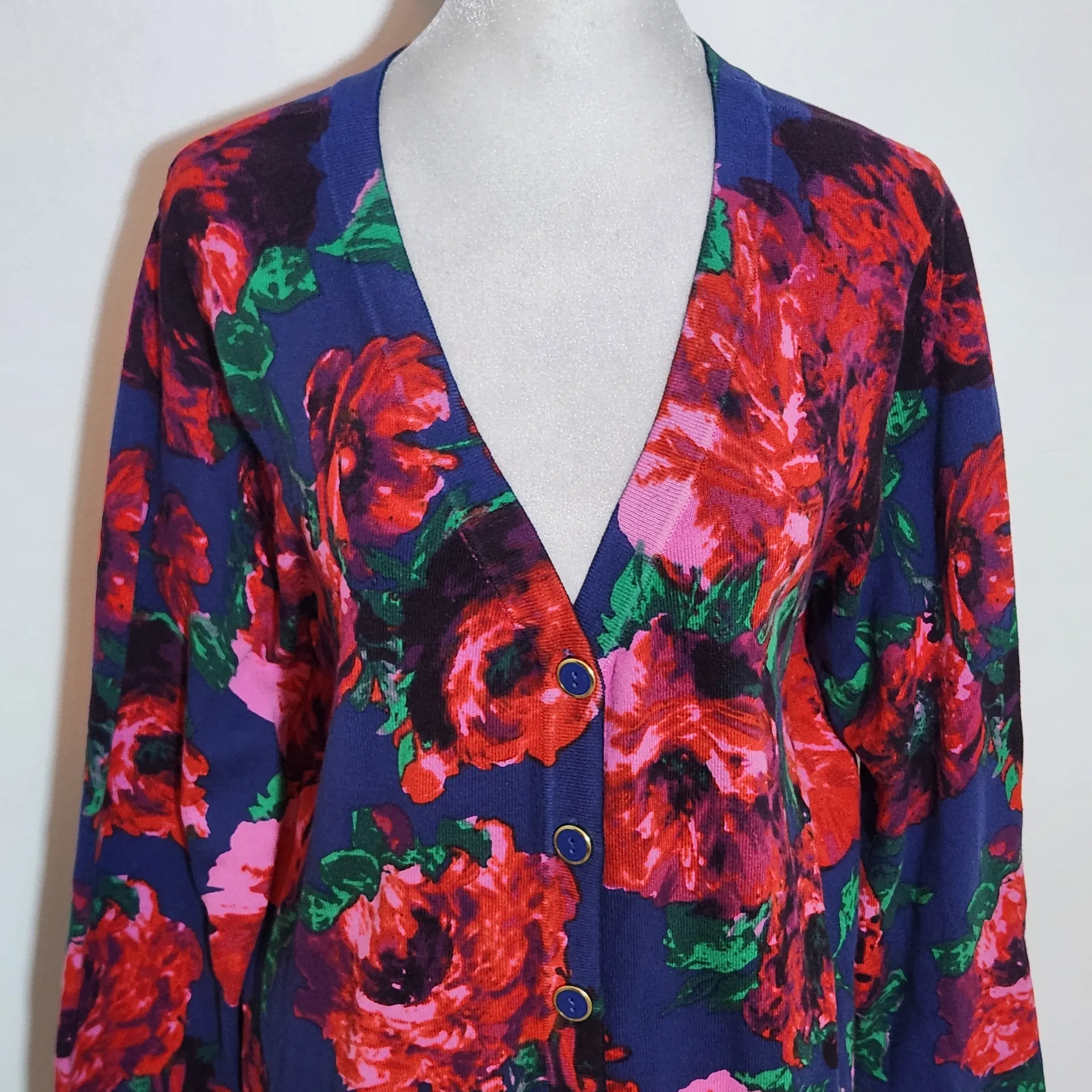 Isaac Mizrahi Navy Floral Print Button-Up Cardigan Sweater Size Large - Image 3