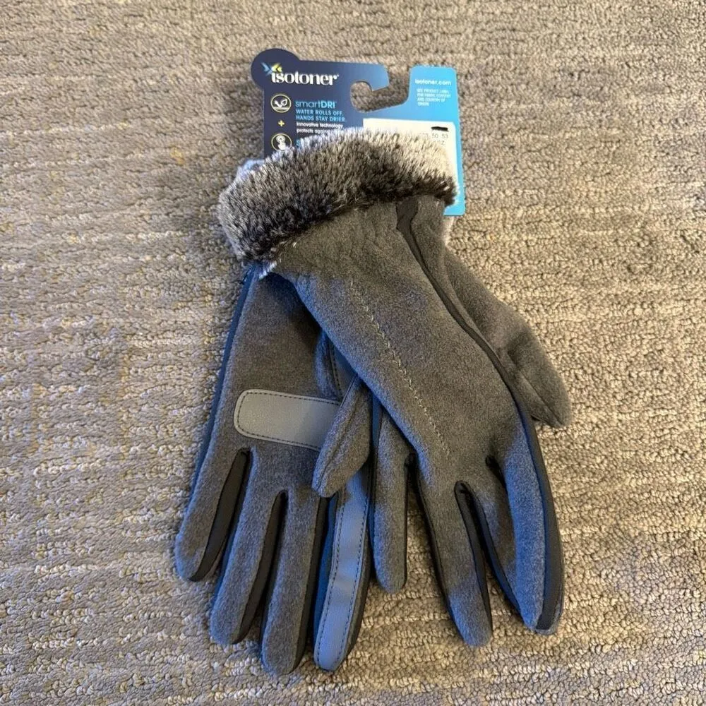Isotoner Gray Faux Fur Trim Winter Smart Touch Gloves Micro Fleece NWT - Image 3