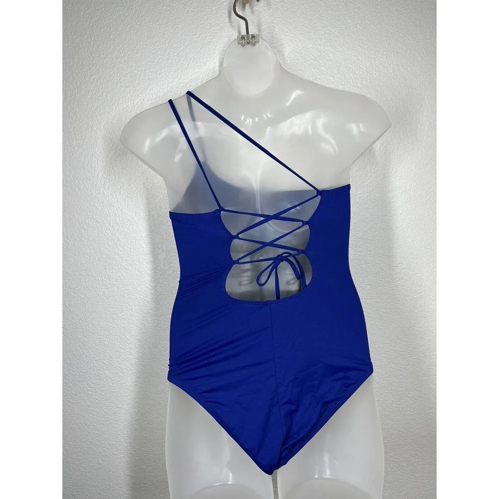 La Blanca 8 Island Goddess Lace Back One Shoulder One Piece Swimsuit Blue - Image 2