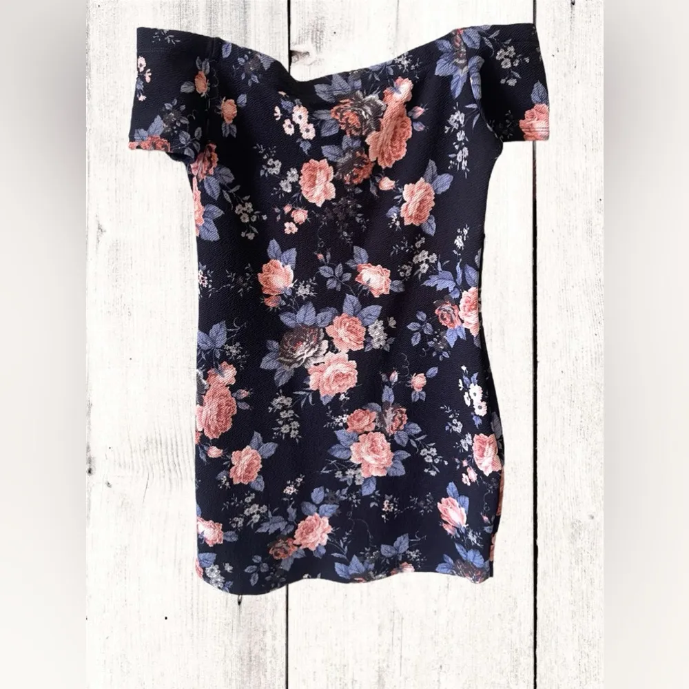 Windsor Scuba Dress Navy Floral Off The Shoulder Mini Bodycon Dress Size Lg NWT - Image 2