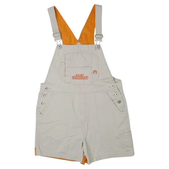 Vintage 90s Bum Equipment Jeans Khaki & Orange Denim Overall Shorts Tan Size M - Image 2