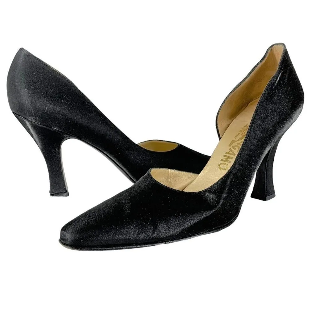 Vintage Y2K Salvatore Ferragamo Black Satin D'Orsay Heels Size 9 AA Evening - Image 1