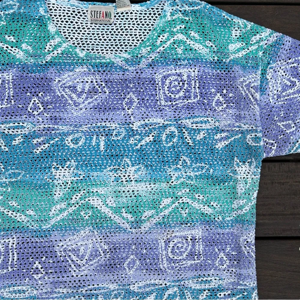 Blue/Green Stefano International Vintage Graphic Floral/Aztec Crochet Top Blue Size M - Image 2