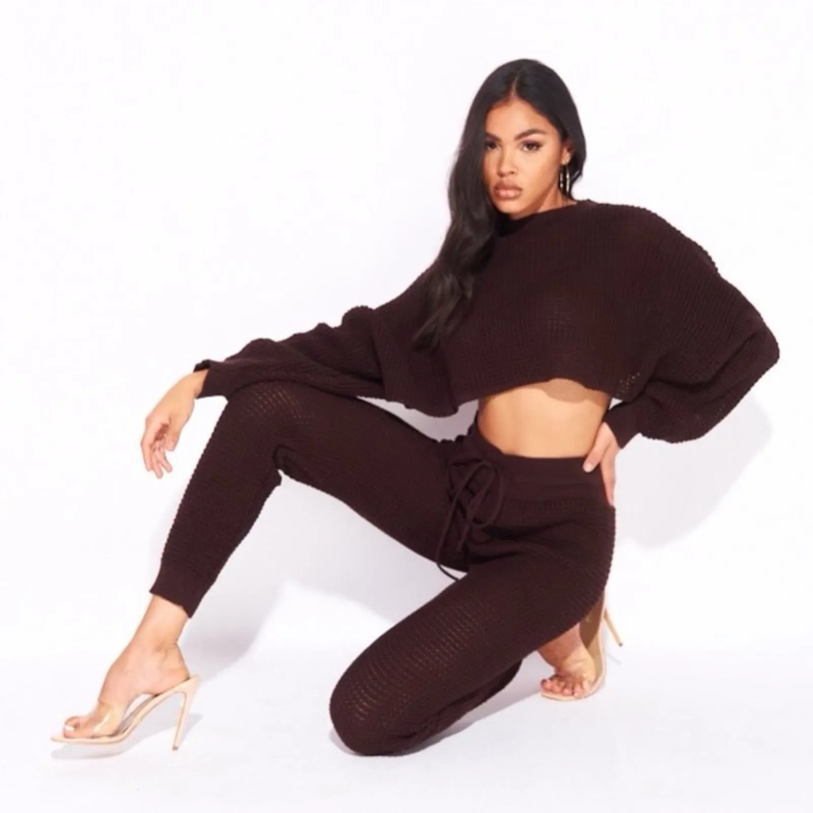 NWT Parisian Loungewear Set Womens S/M Brown Waffle Knit Balloon Sleeve Cozy - Image 2