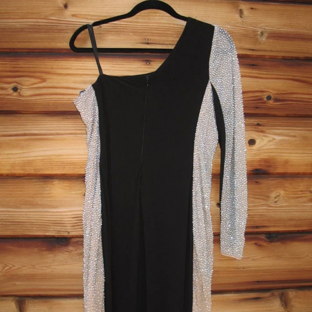 Xscape "DORTHEY" LONG CAVIAR BEADED JERSEY KNIT ONE SHOULDER LONG SLEEVE DRESS - Image 11