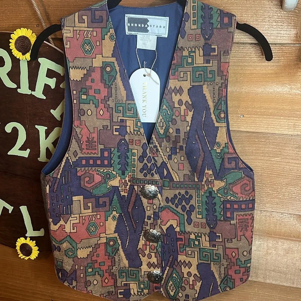 Vintage Rhonda Stark Suede Western Concho Aztec Patterned Southwest Cotton Vest Brown - Image 2