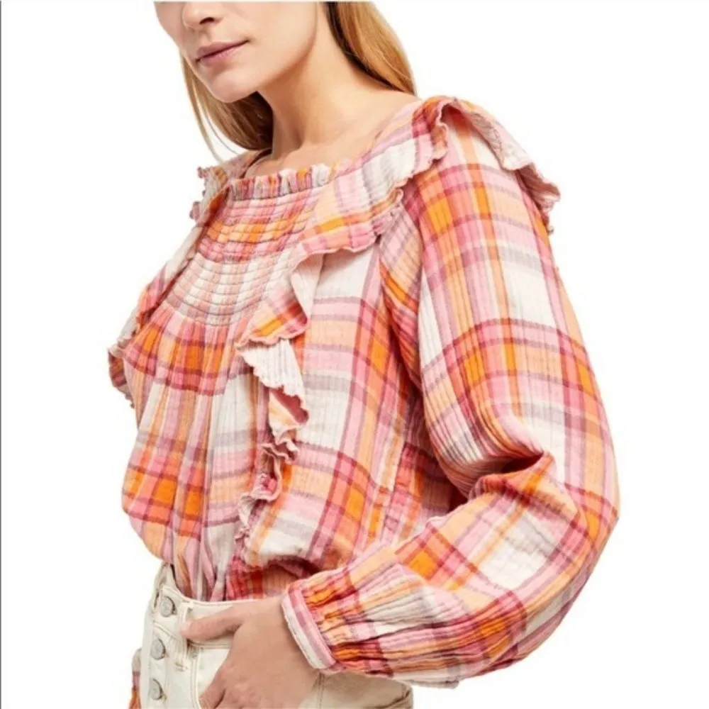 Free People Plaid Ruffle Top Long Sleeve Size L NWT $118.00 - Image 6