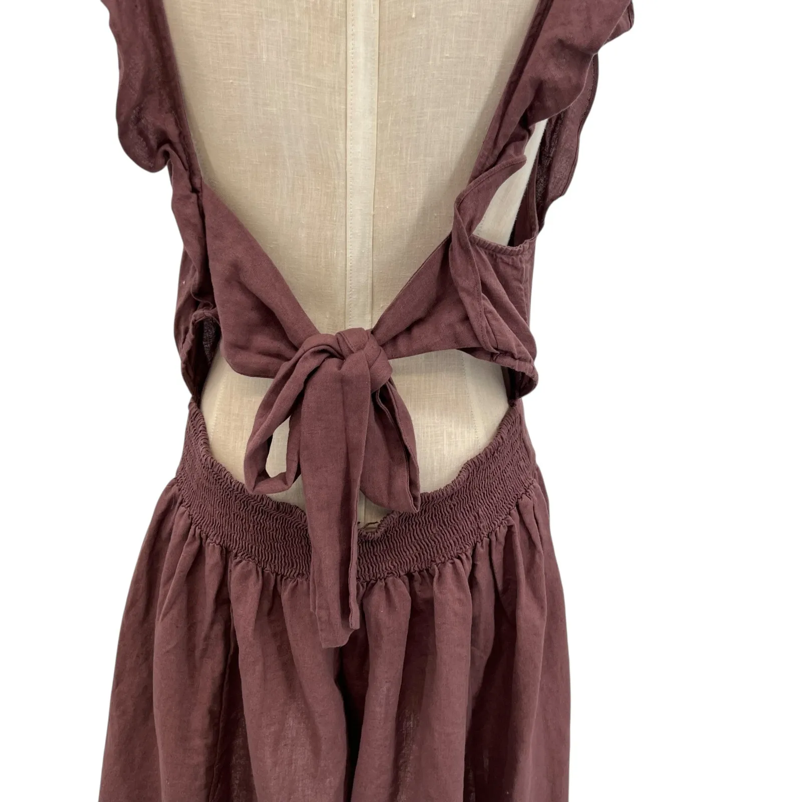 Free People Erin Ruffled‎ Mini Dress Cut Out Back Linen Brown Size Large - Image 12