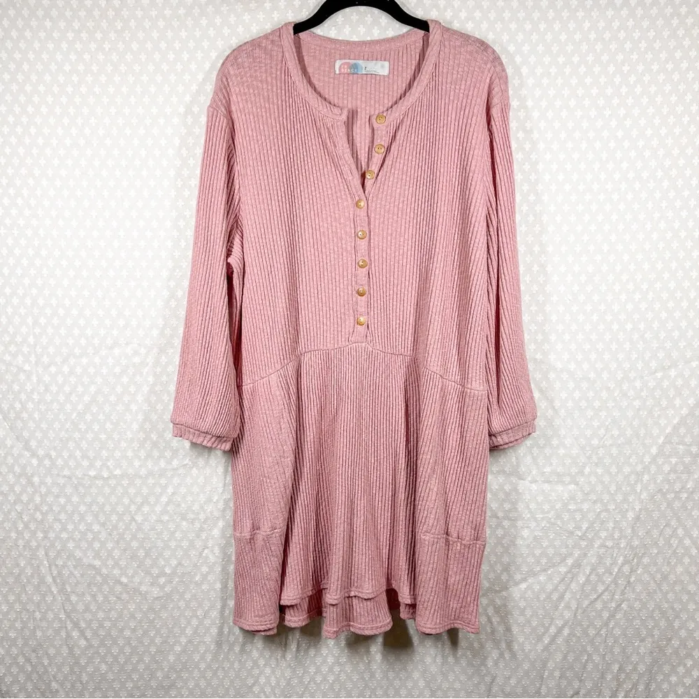 Free People Beach Pink Ribbed Blossom Button Down T Shirt Dress‎ - Image 3