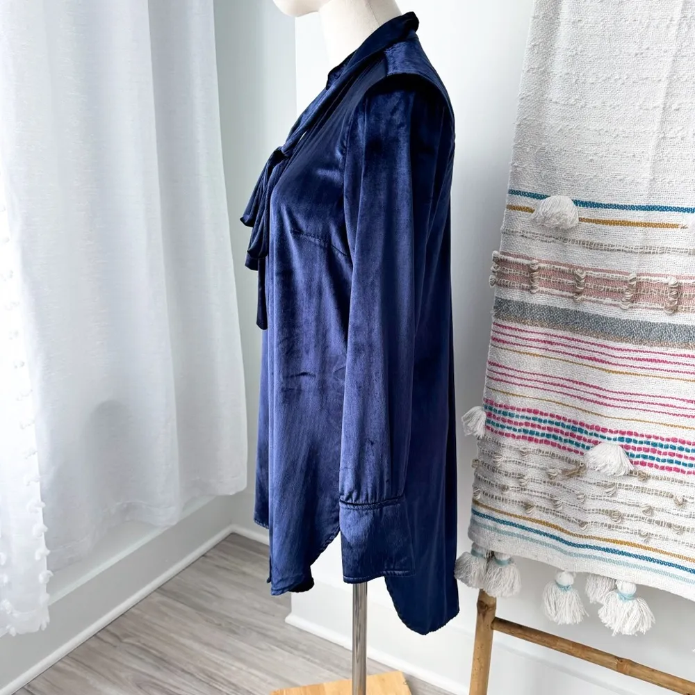 Maeve Anthropologie Royal Blue Crushed Velvet Tie-Neck Button Down Tunic Shirt 2 - Image 3