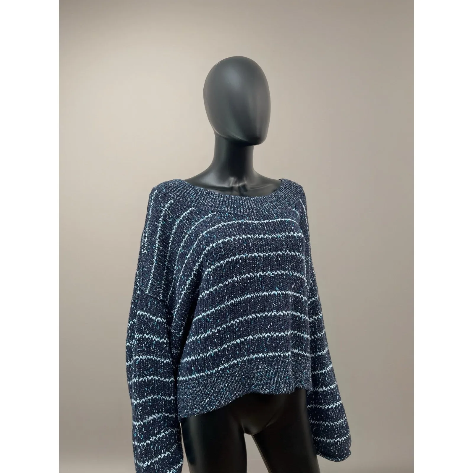Free People Blue Striped‎ Chunky Knit Sweater Women's Size M Excellent - Image 3