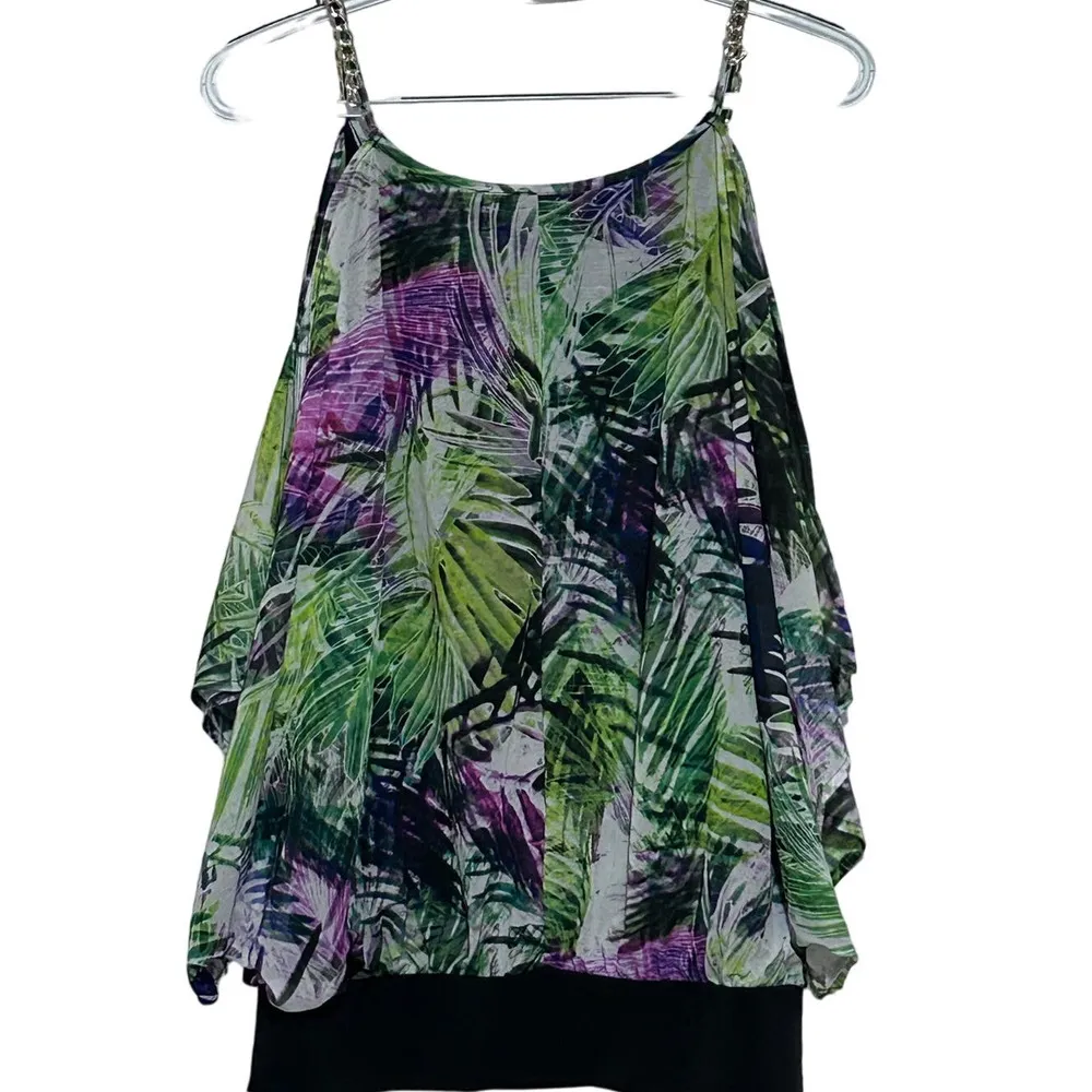 Jennifer Lopez Womens Black Green Purple Open Shoulder Blouse Gold Accent Size S - Image 2