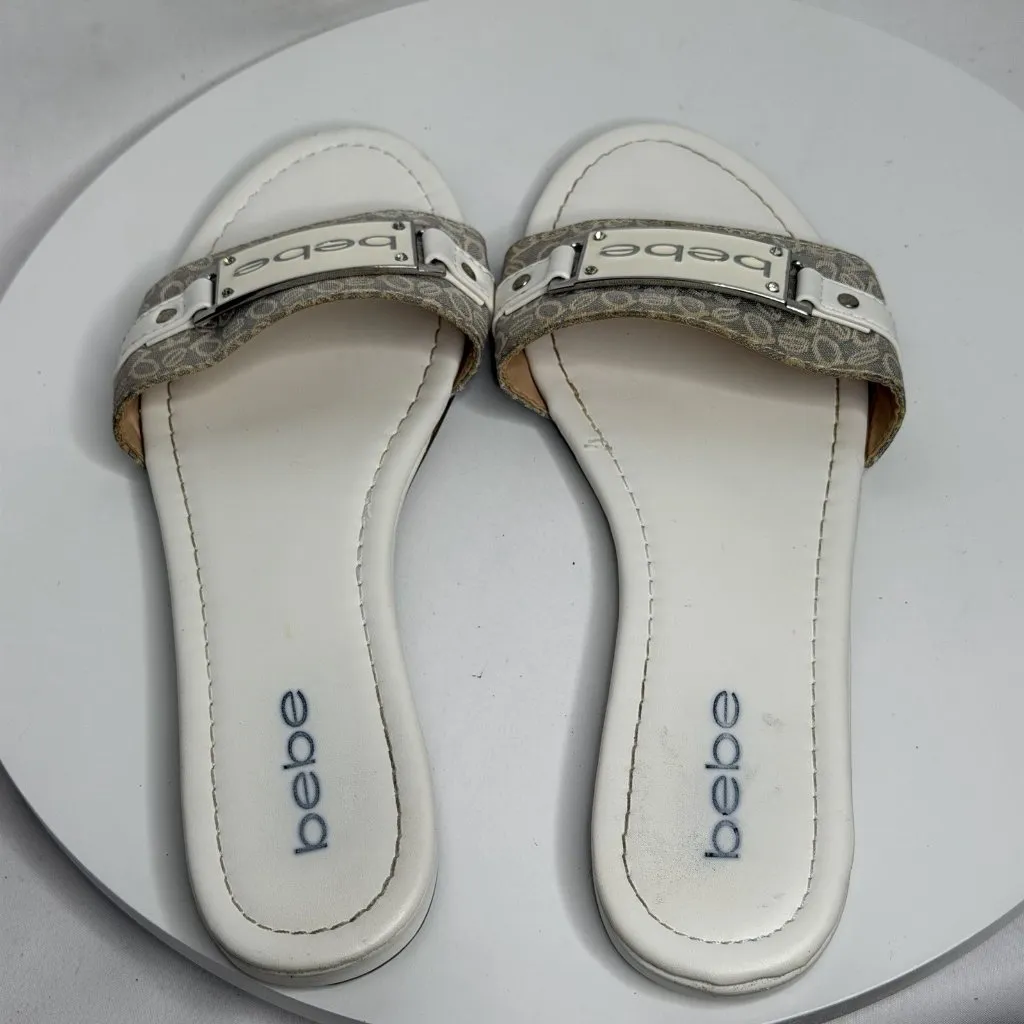VTG 90s Y2K Bebe Beige Monogram Slide Sandals White Leather Flats Women’s 7.5 - Image 6