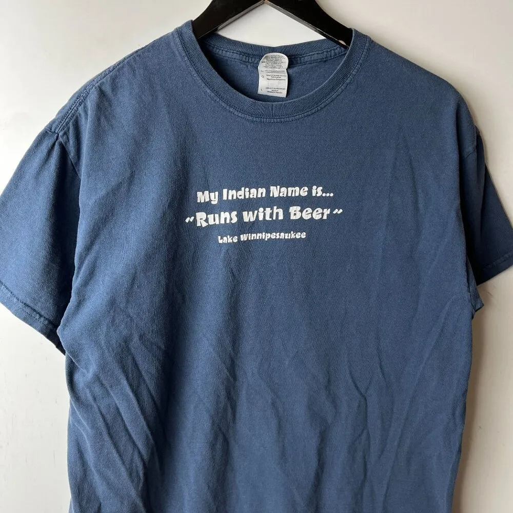Vintage Y2K My Indian Name Beer Tee T Shirt Blue Large L Statement Humor Graphic - Image 10